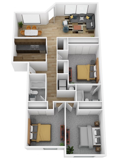 Floor plan for 3 beds, 2 baths, 1140 sqft